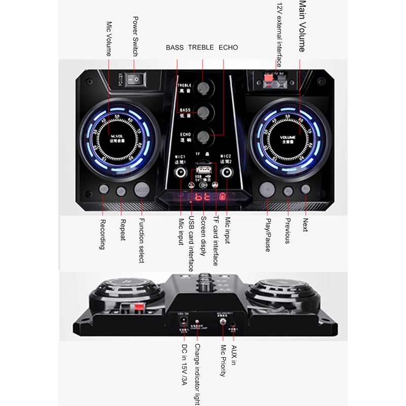 Rechargeable Trolley Bluetooth Battery Speaker Box with USB SD Wireless Mic and Light